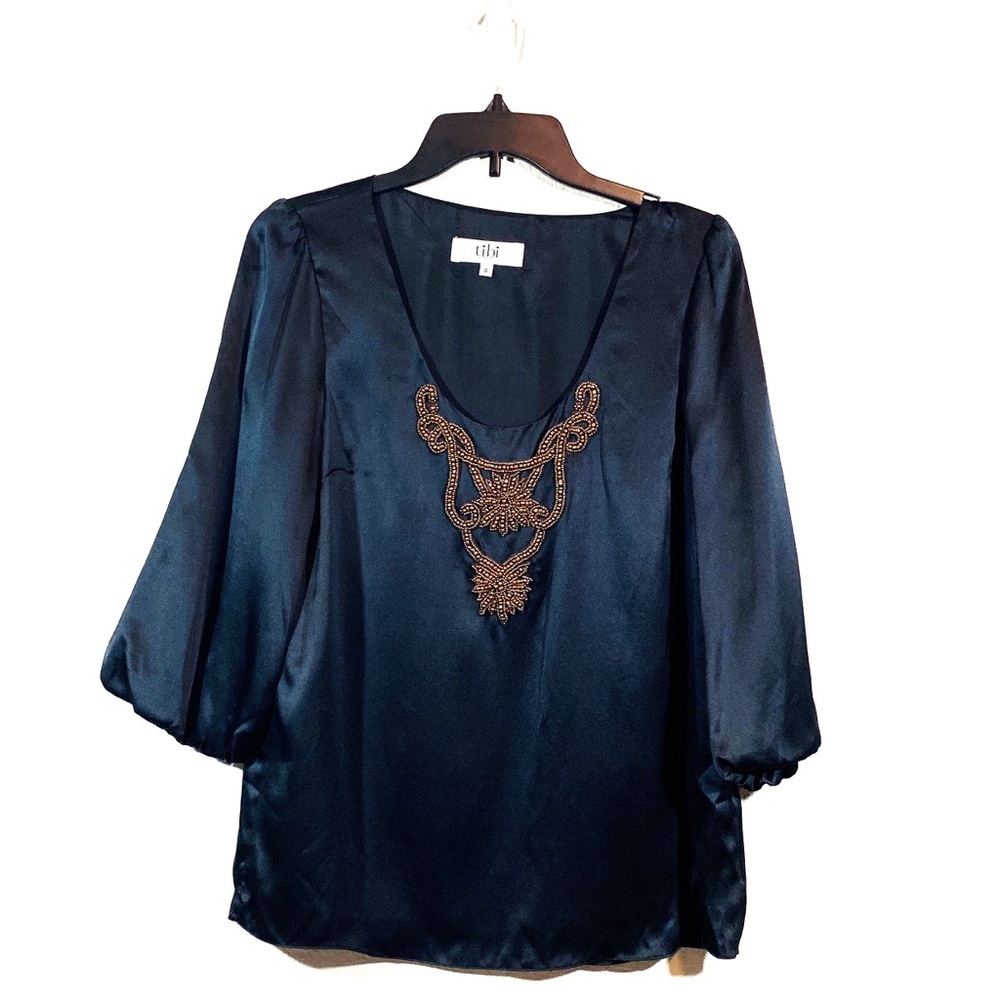 Tibi 100% Silk Beaded Blouse Black 3/4 Sle…